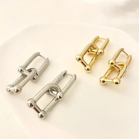 925 Sterling Silver Chunky U Link Earrings Thick Bold Hardware Earrings - Picture 2 of 8